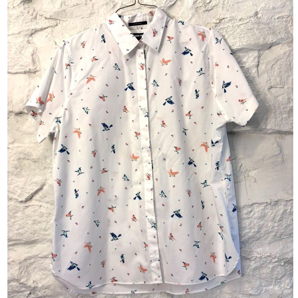 Lands’ End No Iron Supima Cotton Bird Print Button Front Camp Shirt White 18Tall